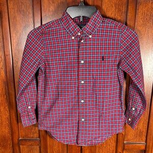 Ralph Lauren Boys Red and Blue Plaid Button Down Shirt 100% Cotton Sz. 7